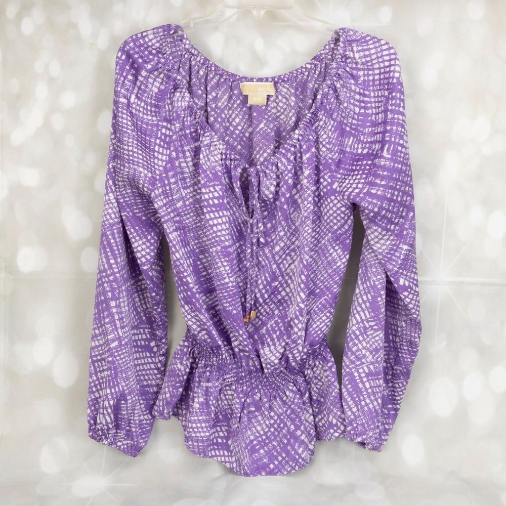 Michael Kors Designer Purple/White Long Sleeve Blouse Top W/Elastic Waist